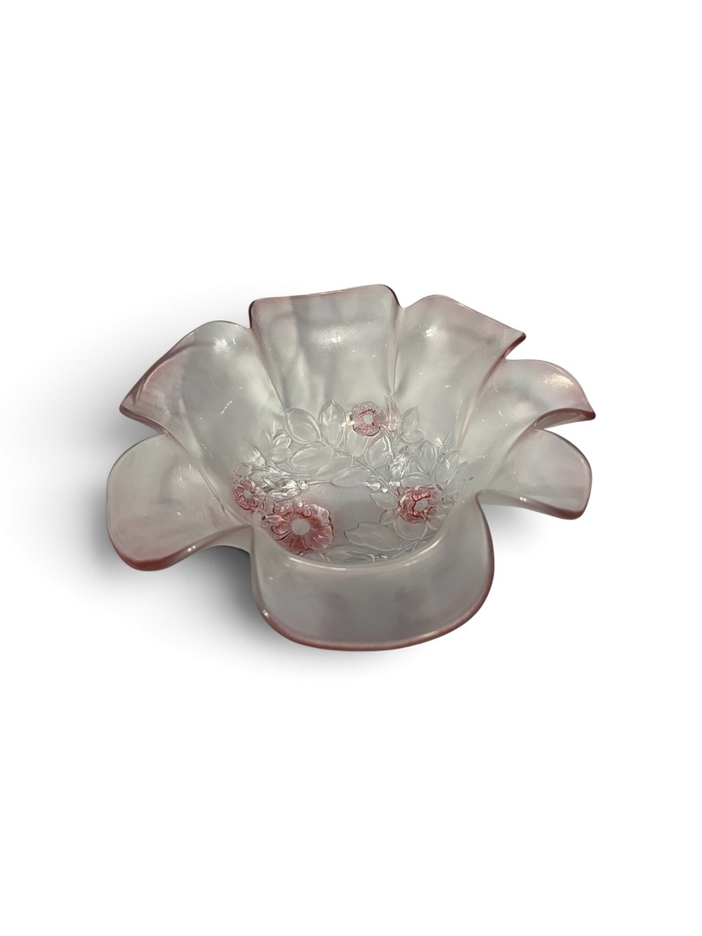Floral Glass Serving Bowl in Soft Pink Trim